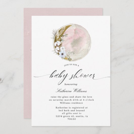 神秘的なボヘミアンムーンベビーシャワー招待状 (正面/裏面)
