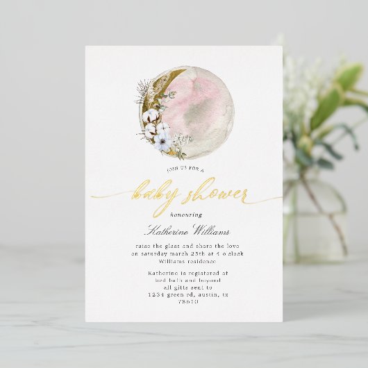 神秘的なボヘミアンムーンベビーシャワー 箔招待状 (立ち正面)