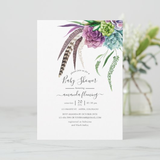 神秘的なボホの水の色の多肉乳児シャワー 招待状 (スタンド正面)