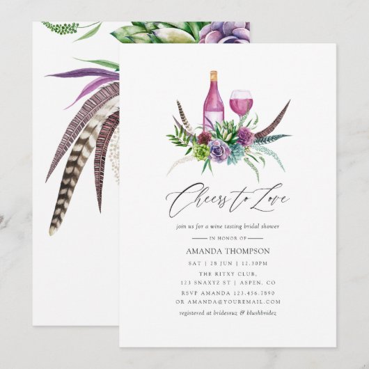 神秘的なボホ スクーカレント ブライダル シャワー ワイン テイスティング 招待状 (正面/裏面)