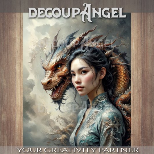 神秘的なボンドの女性とドラゴンの調和デコページ 薄葉紙