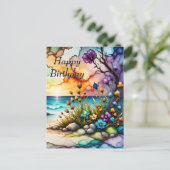 神秘的なポータル花咲く海辺の誕生日 ポストカード (スタンド正面)