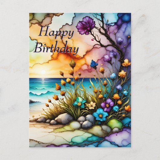 神秘的なポータル花咲く海辺の誕生日 ポストカード (正面)