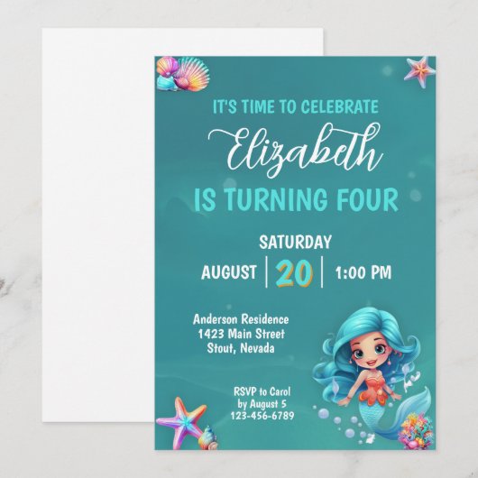 神秘的なマジカルマーメイドの誕生日パーティー 招待状 (正面/裏面)