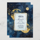 神秘的なミッドナイトブルーとゴールドの水彩ウェディング 招待状 (正面/裏面)