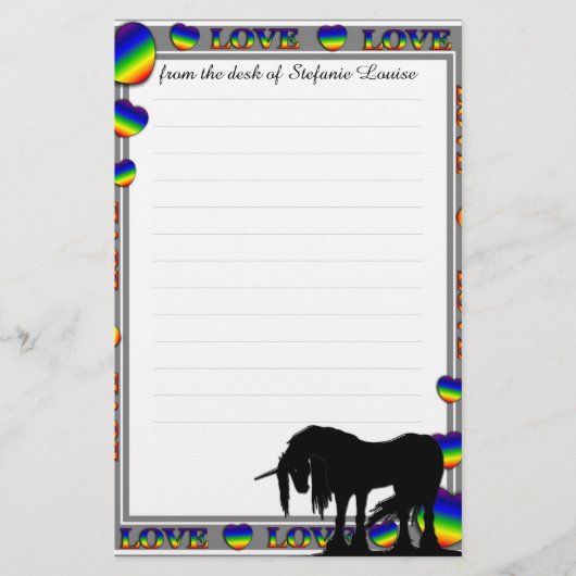 神秘的なユニコーンとライン(虹のハート) 便箋 (正面)