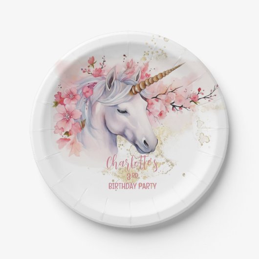 神秘的なユニコーンフローラガール3rd誕生日パーティー ペーパープレート (正面)