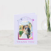 神秘的なラベンダーピンクサンムーンスター結婚フォト サンキューカード (正面)