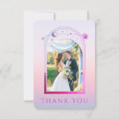 神秘的なラベンダーピンクサンムーンスター結婚フォト サンキューカード (正面)