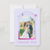 神秘的なラベンダーピンクサンムーンスター結婚フォト サンキューカード (正面)