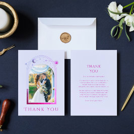 神秘的なラベンダーピンクサンムーンスター結婚フォト サンキューカード