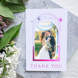 神秘的なラベンダーピンクサンムーンスター結婚フォト サンキューカード