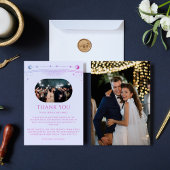 神秘的なラベンダーピンクサンムーンスター結婚フォト サンキューカード