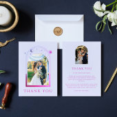 神秘的なラベンダーピンクサンムーンスター結婚フォト サンキューカード