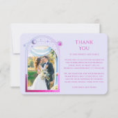 神秘的なラベンダーピンクサンムーンスター結婚フォト サンキューカード (正面)