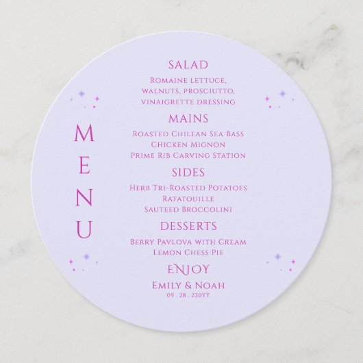 神秘的なラベンダーピンクサンムーン宇宙結婚ズ メニュー (正面)