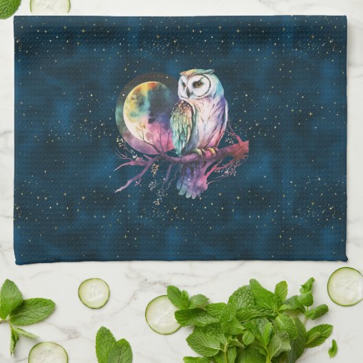 神秘的なレインボーフクロウと満月の天空 キッチンタオル (折り畳み)