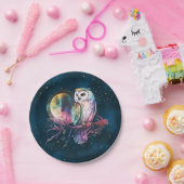 神秘的なレインボーフクロウと満月の天空 ペーパープレート (パーティー)