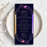 神秘的なレインボーブルーサンムーンスターズ結婚ズ メニュー<br><div class="desc">神秘的なレインボーダークネイビーブルーサンムーンスターズ天文学銀河系コズミックウェディングカードは、ダークネイビーブルーの背景にレインボーカラーの太陽、月、星のフレームを備え、書道のスクリプトの中心にあなたのメニュー詳細を備えていモダンる。提供されている文字・ボックスで文字を編集してパーソナライズ。©2024 Evco Studio www.zazzle.com/store/evcostudioで設計</div>