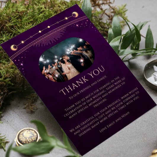 神秘的なレインボープラムサンムーンスターフォトズ結婚ーズ サンキューカード