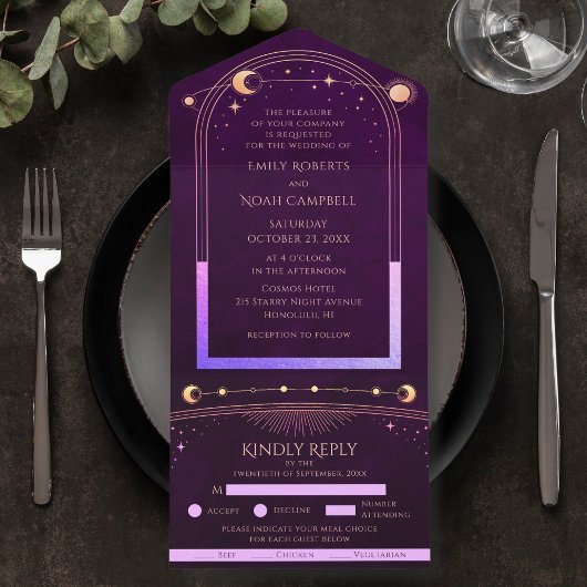 神秘的なレインボー深いプラムサンムーンスターズ宇宙 オールインワン招待状