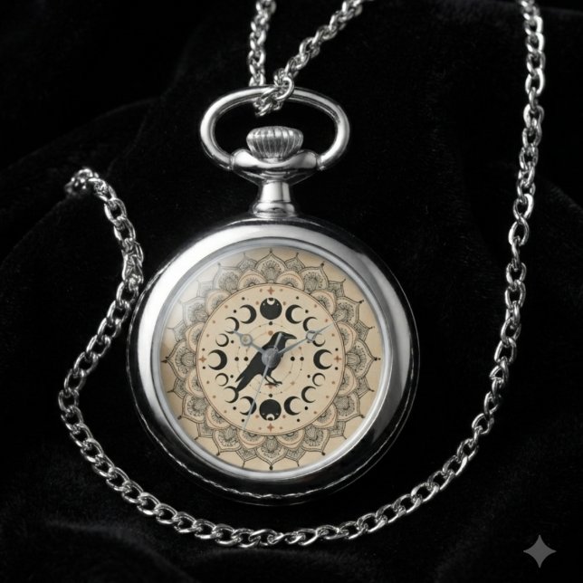 神秘的なワタリガラス 月相 マンダラ 天体アート 腕時計 (Raven moon phase watch for celestial lovers, ideal for gifting.)
