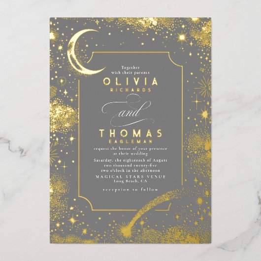 神秘的な三日月の星月夜ボホ結婚の 箔招待状 (正面)