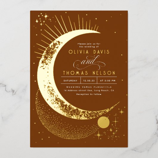 神秘的な三日月の星月夜ボホ結婚の 箔招待状 (正面)