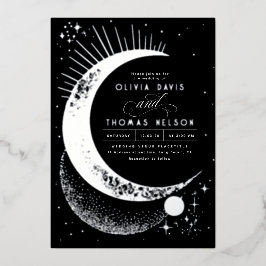 神秘的な三日月の星月夜ボホ結婚の 箔招待状