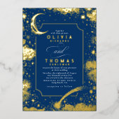 神秘的な三日月の星月夜ボホ結婚の 箔招待状 (正面)