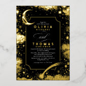 神秘的な三日月の星月夜ボホ結婚の 箔招待状 (正面)