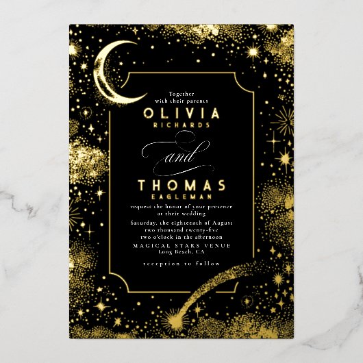 神秘的な三日月の星月夜ボホ結婚の 箔招待状 (正面)