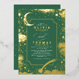 神秘的な三日月の星月夜ボホ結婚の 箔招待状