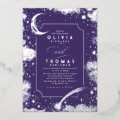 神秘的な三日月の星月夜ボホ結婚の 箔招待状 (正面)
