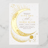 神秘的な三日月の星月夜ボホ結婚の 箔招待状 (正面)