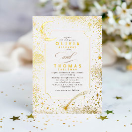 神秘的な三日月の星月夜ボホ結婚の 箔招待状