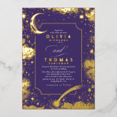 神秘的な三日月の星月夜ボホ結婚の 箔招待状 (正面)