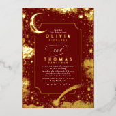 神秘的な三日月の星月夜ボホ結婚の 箔招待状 (正面)