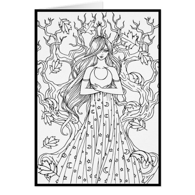 神秘的な三日月妖精の幻想的なぬりえカード (正面)