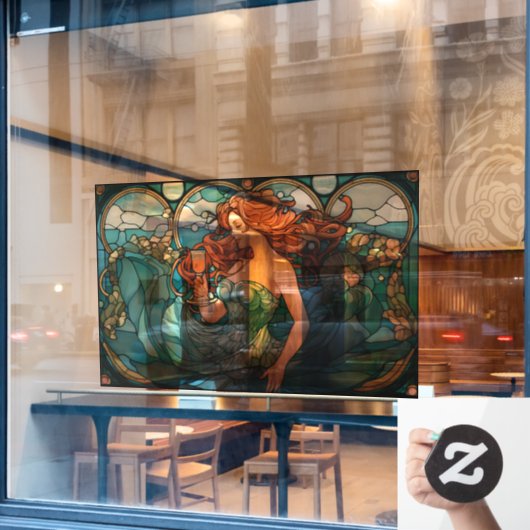神秘的な人魚のステンドグラス窓にしがみつく ウィンドウサイン (カフェ窓)