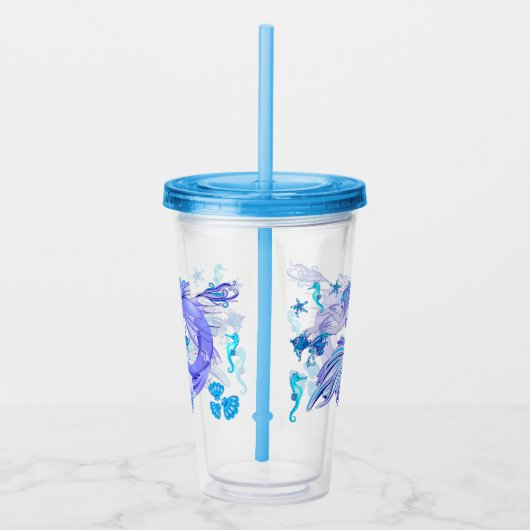 神秘的な人魚の妖精の紫色の生き物セラミックタイル アクリルタンブラー (右)