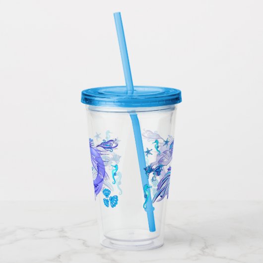 神秘的な人魚の妖精の紫色の生き物セラミックタイル アクリルタンブラー (左)