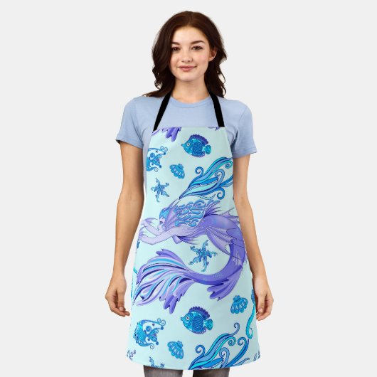 神秘的な人魚の妖精の紫色の生き物セラミックタイル エプロン (着用した状態)
