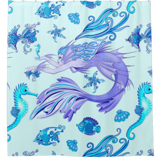 神秘的な人魚の妖精の紫色の生き物セラミックタイル シャワーカーテン (正面)