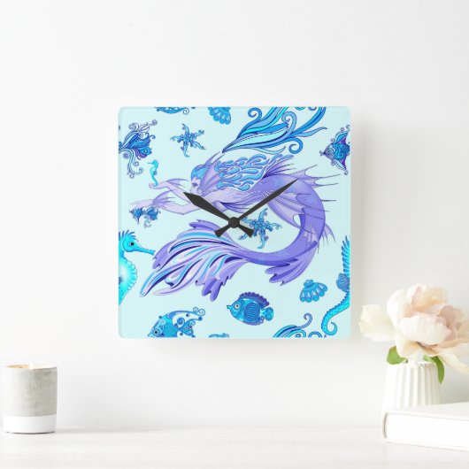 神秘的な人魚の妖精の紫色の生き物セラミックタイル スクエア壁時計 (ホーム)