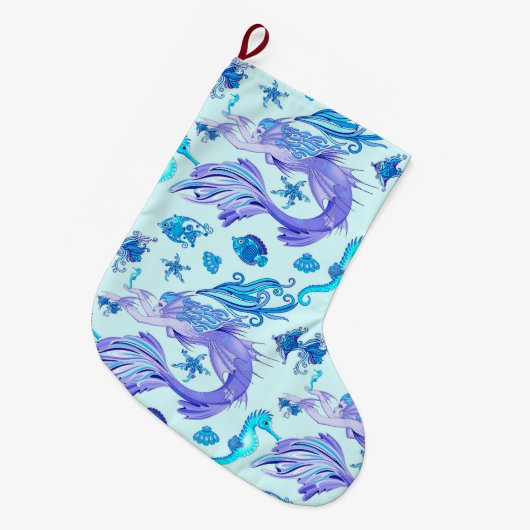 神秘的な人魚の妖精の紫色の生き物セラミックタイル ラージクリスマスストッキング (正面 (吊り時))