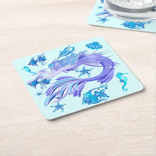 神秘的な人魚の妖精の紫色の生き物 スクエアペーパーコースター (アングル)
