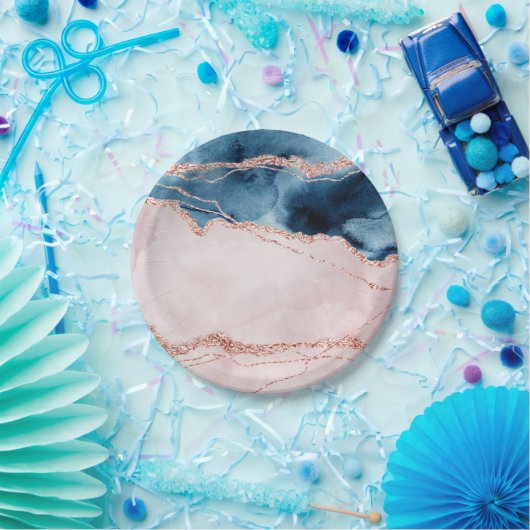 神秘的な優雅さ |ティール(緑がかった色)ブルーとバラ金ゴールド瑪瑙 ペーパープレート (パーティー)