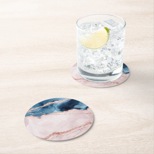 神秘的な優雅さ |ティール(緑がかった色)ブルーとバラ金ゴールド瑪瑙 ラウンドペーパーコースター (インサイチュ)