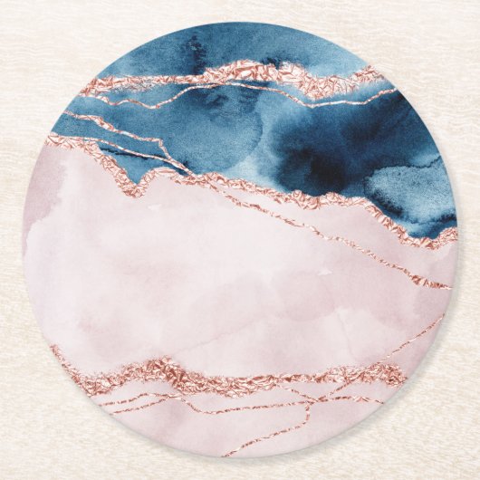 神秘的な優雅さ |ティール(緑がかった色)ブルーとバラ金ゴールド瑪瑙 ラウンドペーパーコースター (正面)